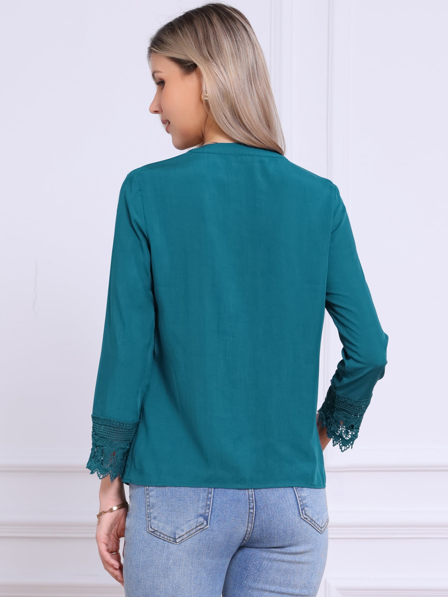 DARING DIVA Women's Half Button Placket Long Sleeve Lace Crochet Blouses L Peacock Blue