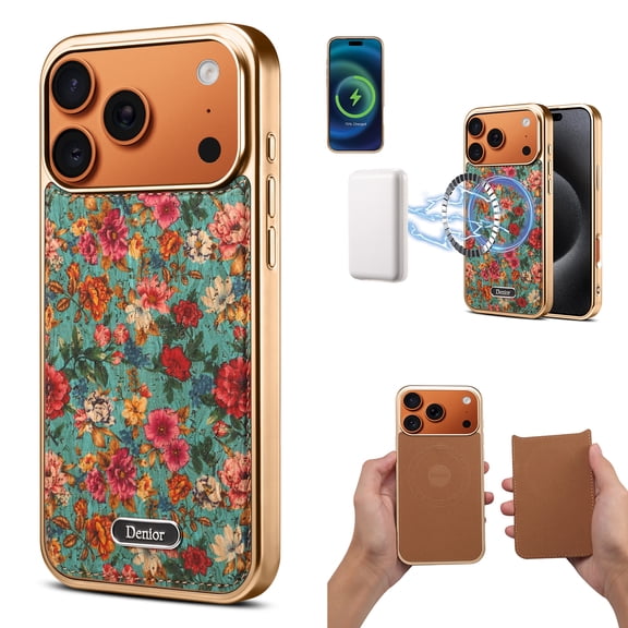 Case for iPhone 17, [Compatible with Mag-Safe] Luxury Slim Fit Thin Plating Drop Protective Cover for Women Girls, Floral Flowers Aesthetic Detachable Mangetic PU Leather Back Part, Blue