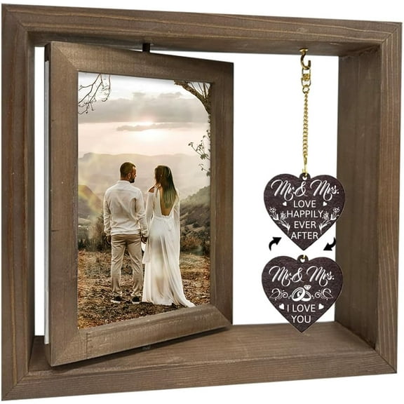 1 Pc Wood Rotating Picture Frame Dark Brown Love Happily Photo Frame with Heart Charms Double Sided Memorial Picture Frame for Mr Mrs Couples Wife Husband Wedding 4x6inch colorful