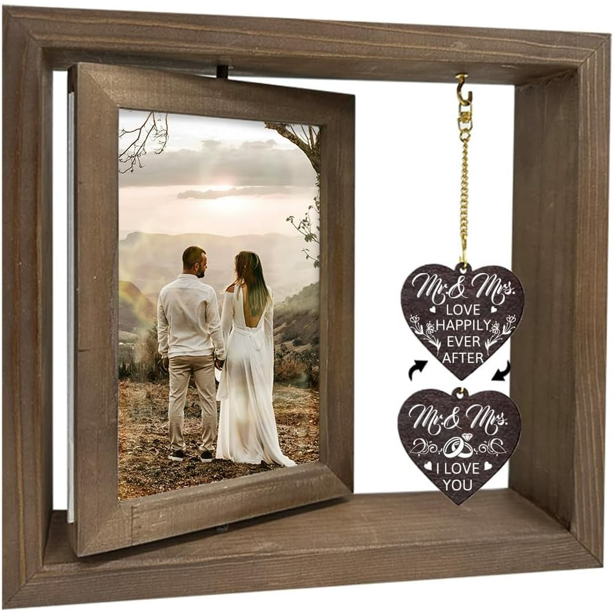 1 Pc Wood Rotating Picture Frame Dark Brown Love Happily Photo Frame with Heart Charms Double Sided Memorial Picture Frame for Mr Mrs Couples Wife Husband Wedding 4x6inch