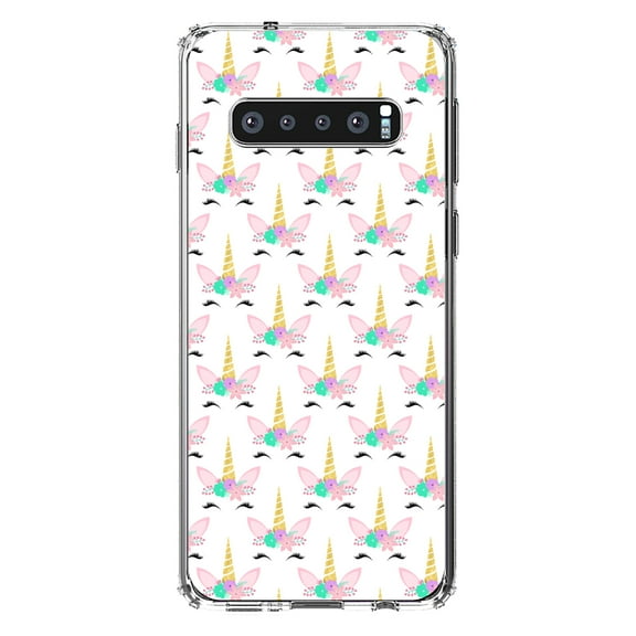 DistinctInk Clear Shockproof Hybrid Case for Samsung Galaxy S10 (6.1" Screen) - TPU Bumper, Acrylic Back, Tempered Glass Screen Protector - Pastel Unicorn Pattern - White Pink Teal