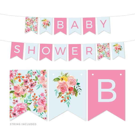 Baby Shower Pink Roses English Tea Party, Baby Shower, 5 FT Hanging Pennant Party Banner with String