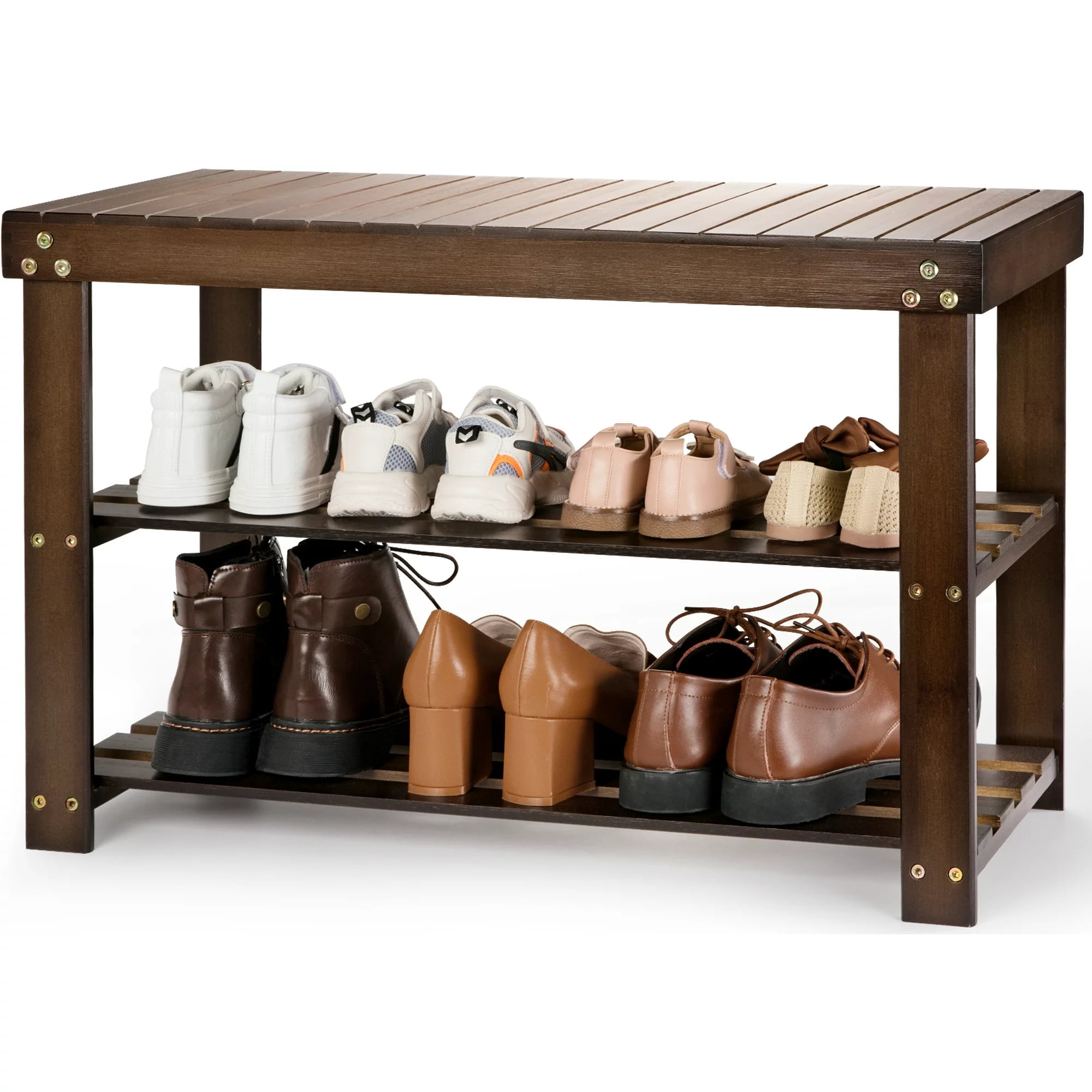 SONGMICS 3-Tier Bamboo Shoe Rack Bench, 6 Pair Shoe Storage
