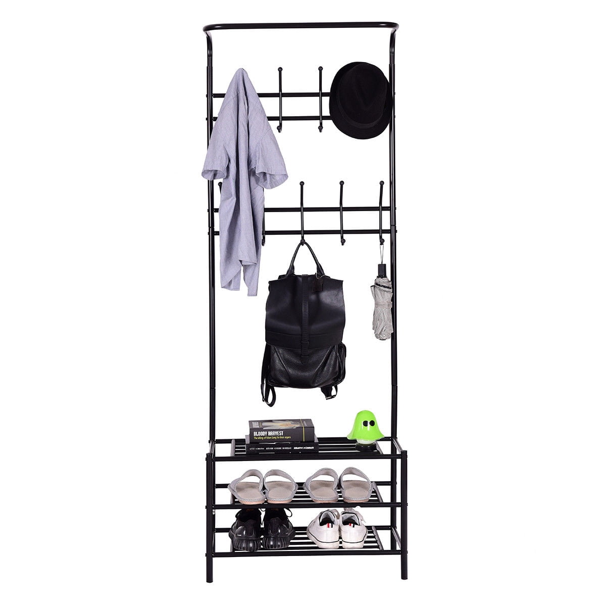 Home & Garden Metal Entryway Coat Shoe Rack Hall Tree 18 Hooks 3 Tier