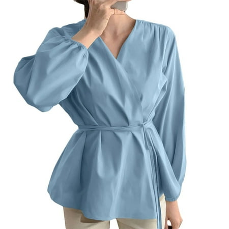 

Ziloco Women Solid Long Sleeve V-Collar Bandage Loose Top Puff Sleeve Shirts Blouse plus size tops for women maternity tops Blue L