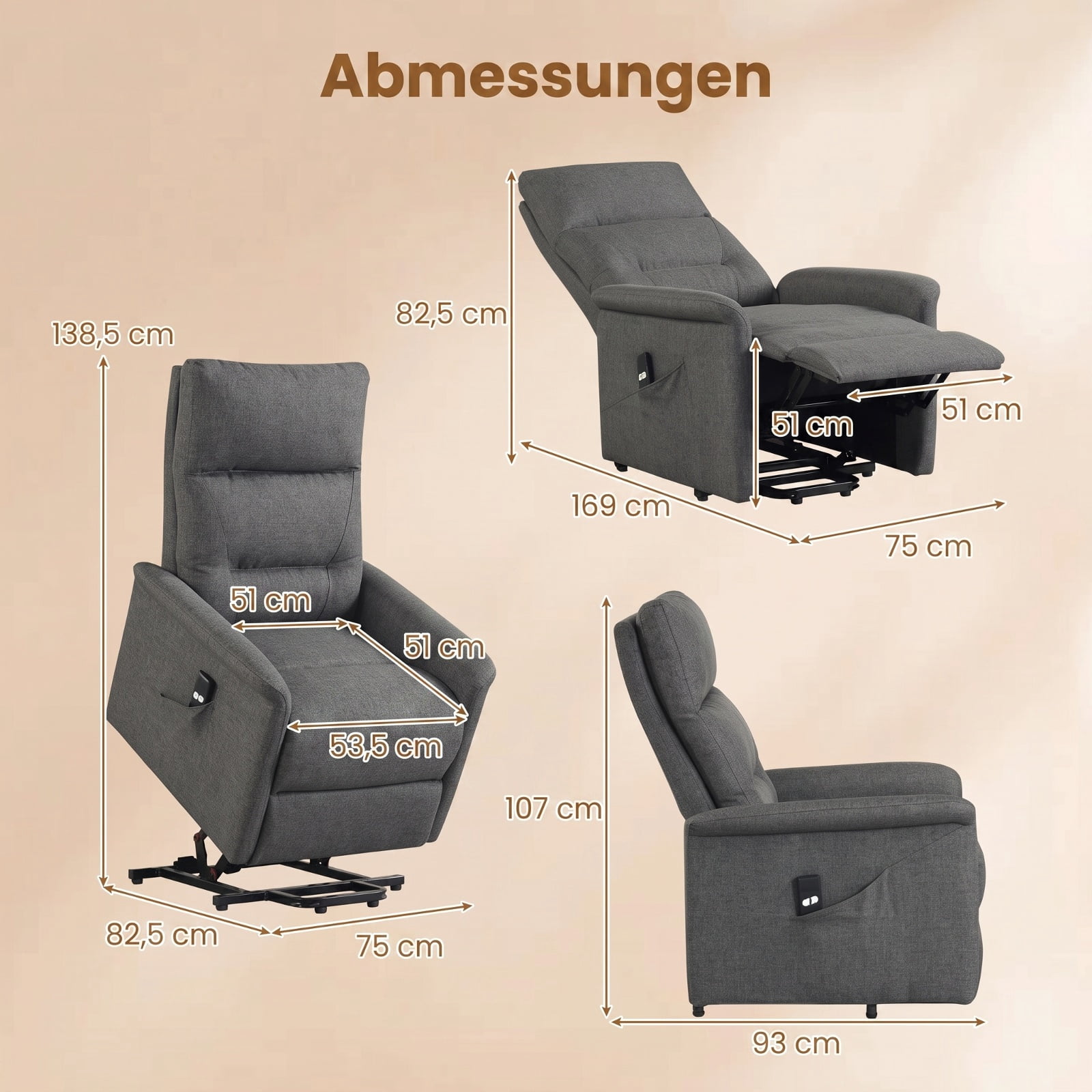 Furnibear Power Lift Recliner Chair for Elderly with Remote Control Retractable Footrest and Side Storage Pocket for Living Room and Bedroom, Gray