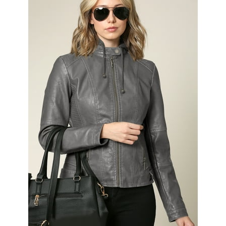 Made by Johnny Women's Faux Leather Quilted Motorcycle Jacket with Hoodie XXL GREY