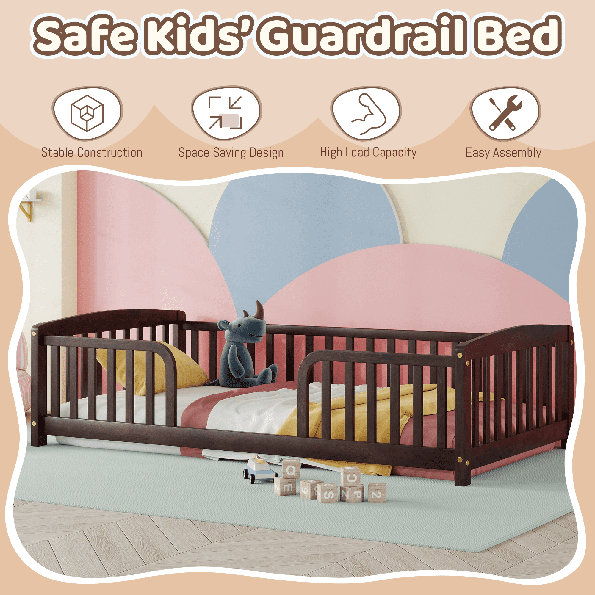 Mintazer Full Size Toddler Floor Bed with Guardrails & Central Entrance, Espresso