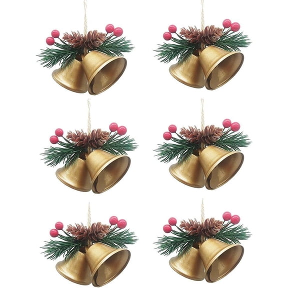 Best-Selling 6-Pack Rustic Golden Christmas Bells with Red Berries & Pinecones - Farmhouse Holiday Ornaments for Christmas Tree & Home Decor