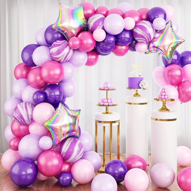 Kit de arco de guirnalda de globos morados, kit de guirnaldas de globos rosas y morados, kit de arco de globos morados de 81 piezas con globos de ágata y globo de lámina de estrella para Bir