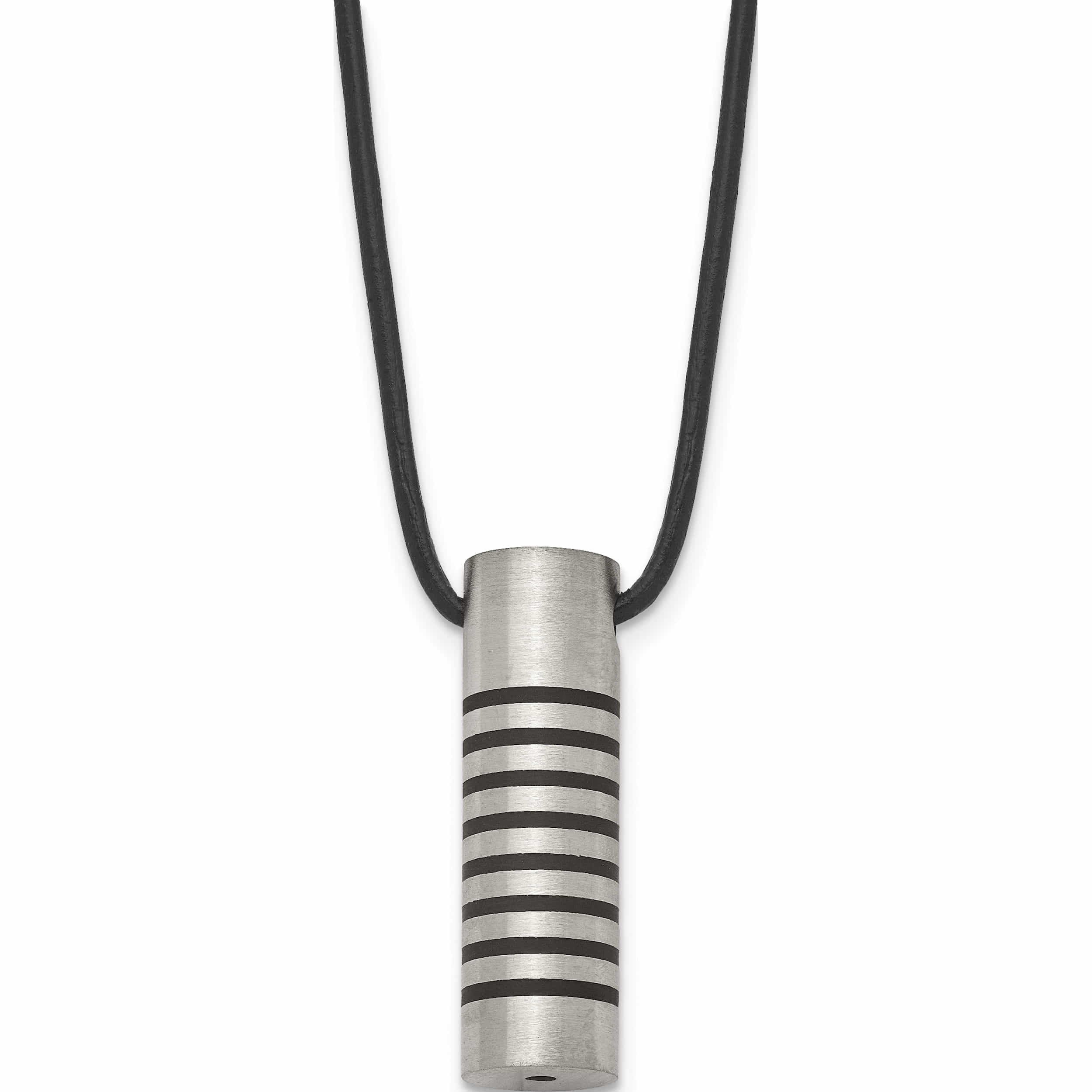 Stainless Steel Cylinder With Black Rubber 18In Leather Cord Necklace Made In China -Jewelry By Sweet Pea