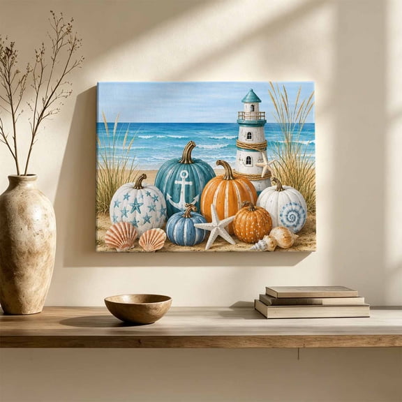 Fall Nautical Canvas Wall Art, Summer Coastal Pumpkin Starfish Seashell Lighthouse Wall Art Prints Artwork Framed Canvas Ready to Hang Art Pictures for Hallway Living Dining Room Bedroom 24" x 16"
