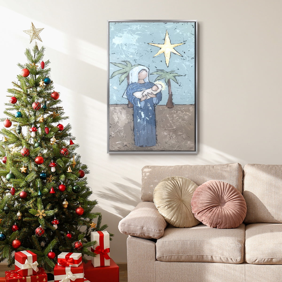 A Silent Night II - Framed Gallery Wrapped Holiday Canvas - 27 x 41 - Silver Frame