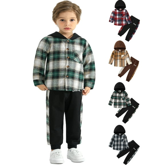 Toddler Baby Boys Clothes Plaid Hooded Sweatshirt Tops   Sweatpants Fall Winter Outfits Set 1-6T