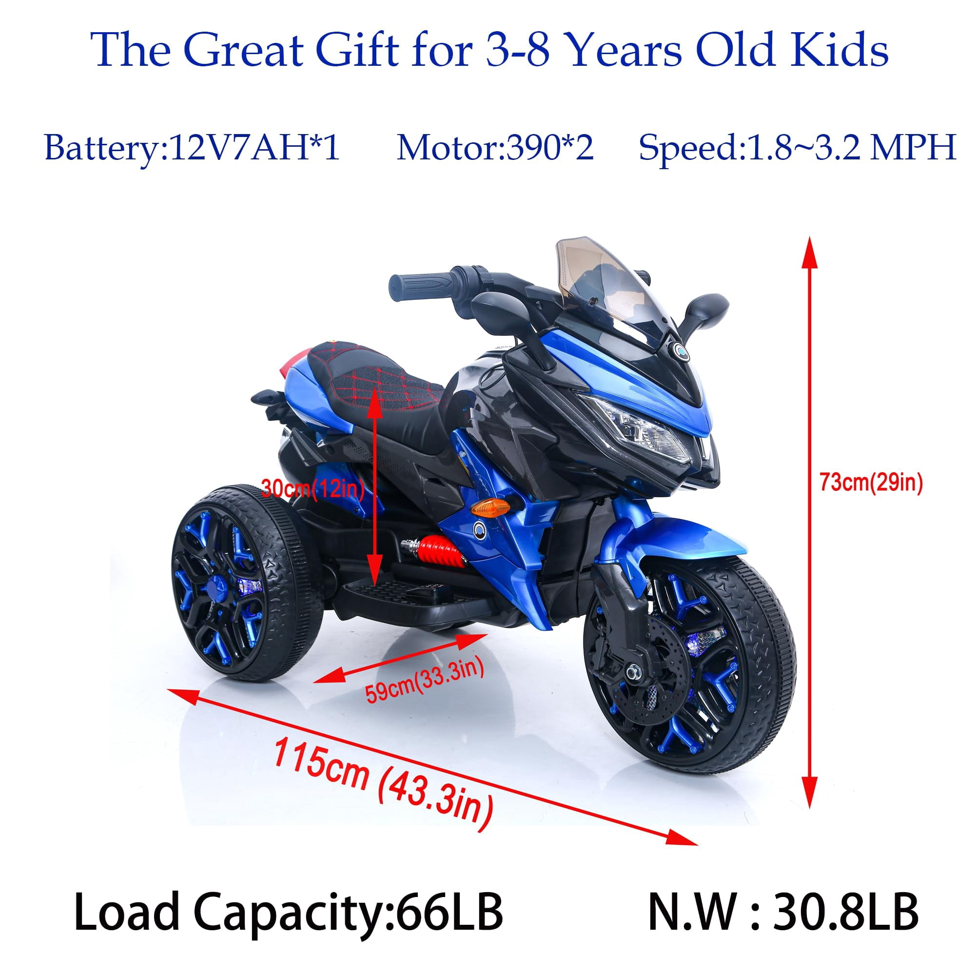 HappyToysWorldKids Electric Motorcycle 3 Wheels, Ride On Toy with App Control & Music, Light-Up Wheels for Boys Girls Ages 3-8, Battery Powered Motorbike with Safety Training Wheels