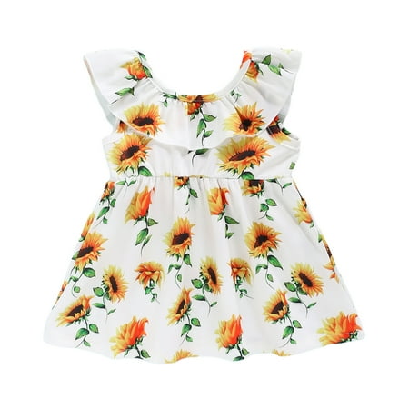 

KIMI BEAR Infant Girls Dress 18 Months Infant Girls Summer Dress 24 Months Infant Girls Sweet Sunflower Print Ruffle Collar Sleeveless Dress Yellow + White