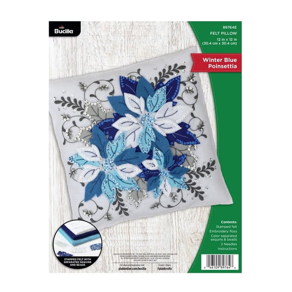 Bucilla 12" x 12" Winter Blue Poinsettia Felt Applique Christmas Pillow Embroidery Kit
