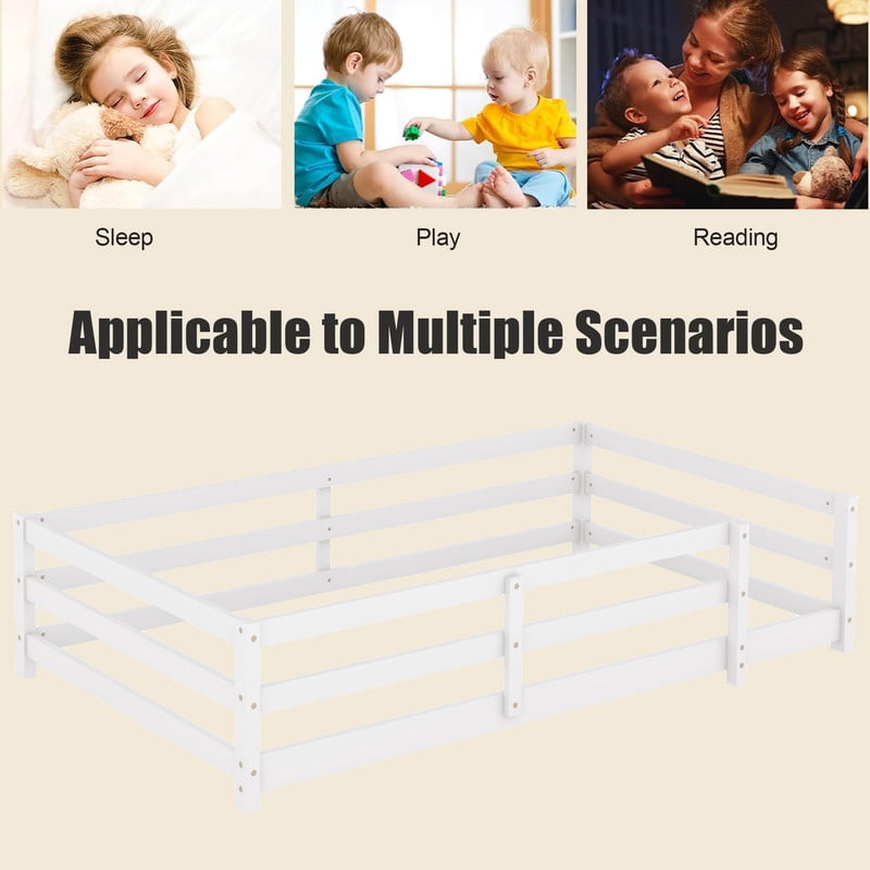 Bellemave Twin Montessori Bed with Rails, Wood Twin Size Floor Bed Frame with Fence, Low to Ground Bed Frame with Safety Guardrails - White