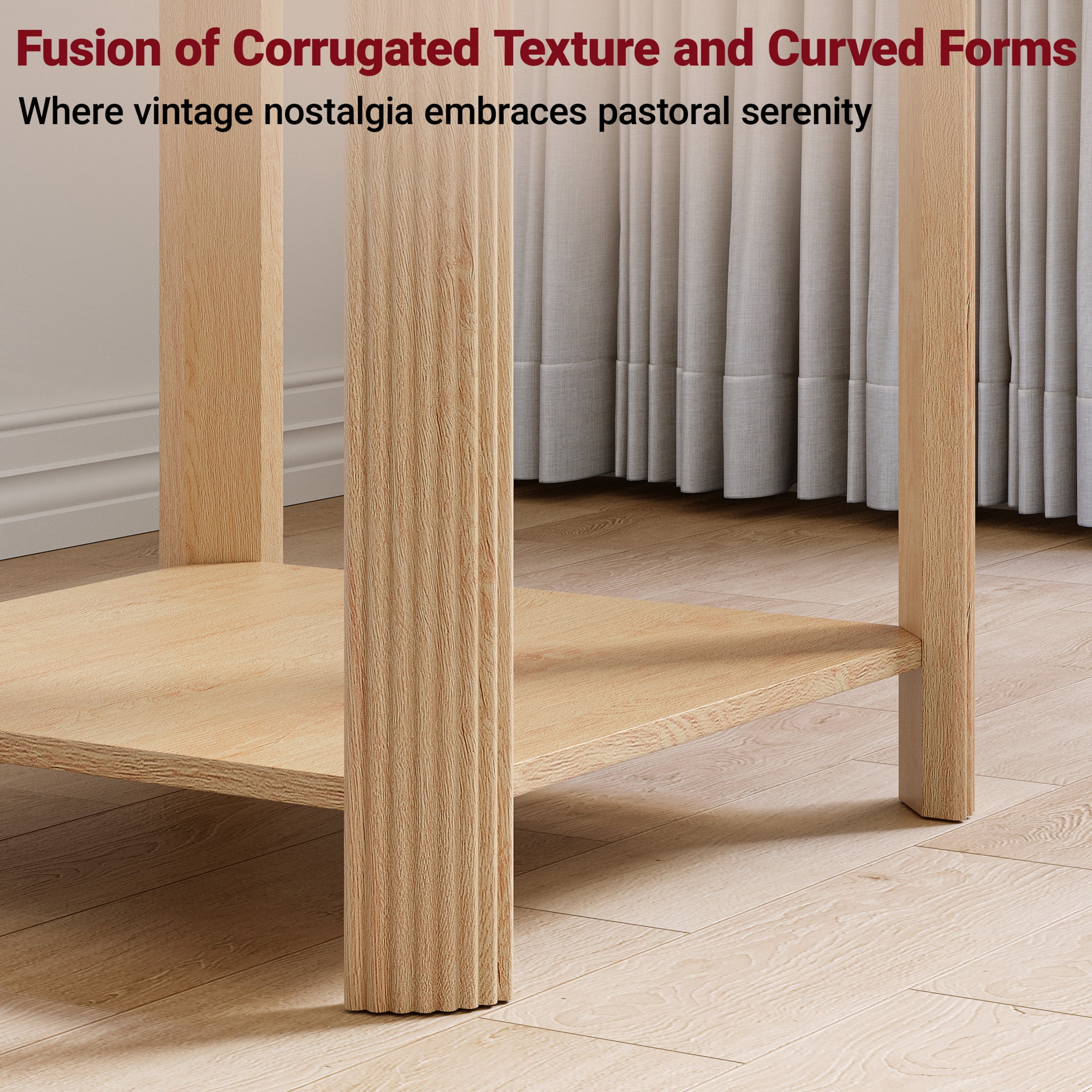 Noble House 22.1-Inch Boho End Table with 2-Tier Open Shelf, Rounded Corners, Vertical Wave Grain Legs, Oak