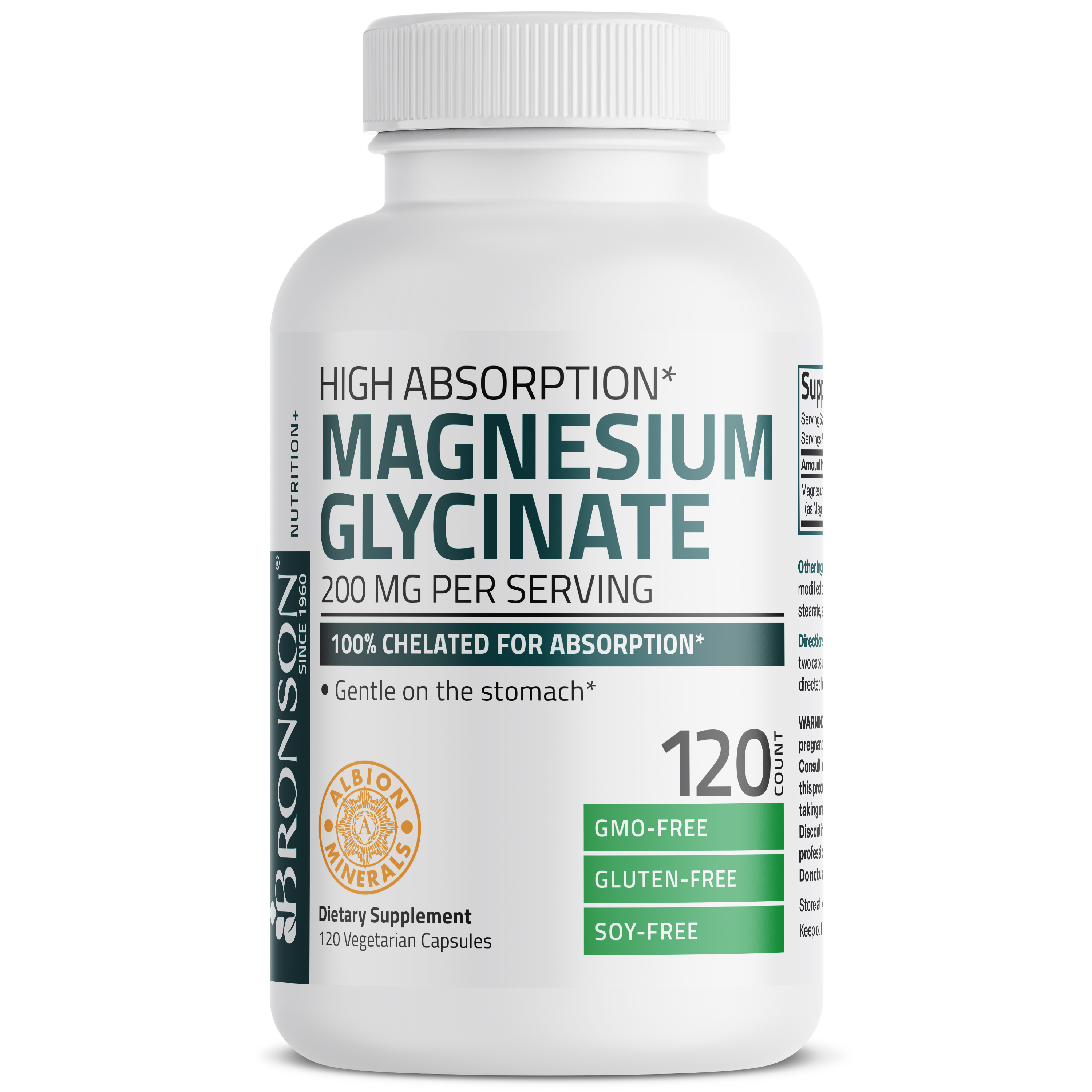 Bronson Magnesium Glycinate 200 MG per Serving Chelated for High Absorption, Gentle On Stomach, Non-GMO, 120 Vegetarian Capsules