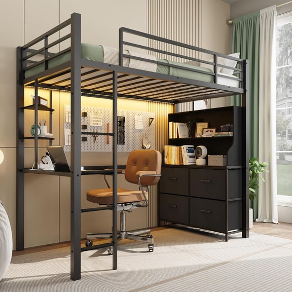 Twin Size Loft Bed with Desk, Heavy Duty Metal Loft Bed with LED Lights, Power Outlets, Safety Guardrails & Ladder, No Box Spring Needed