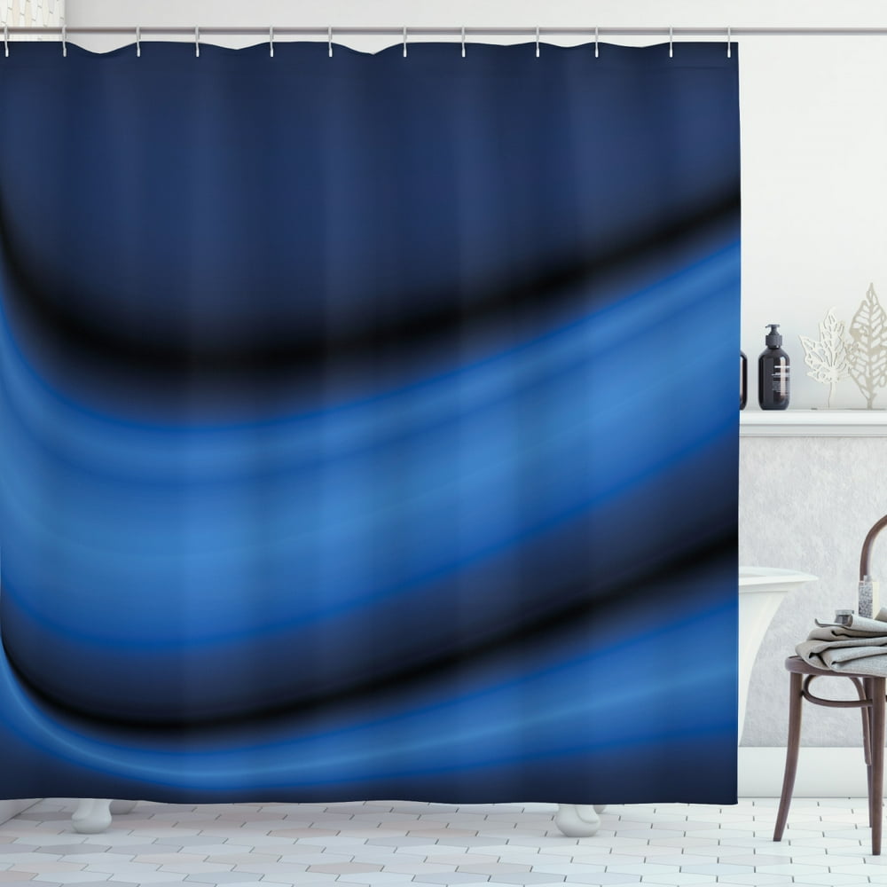 Dark Blue Shower Curtain, Abstract Wavy Curvy Bold Color Bands Soft