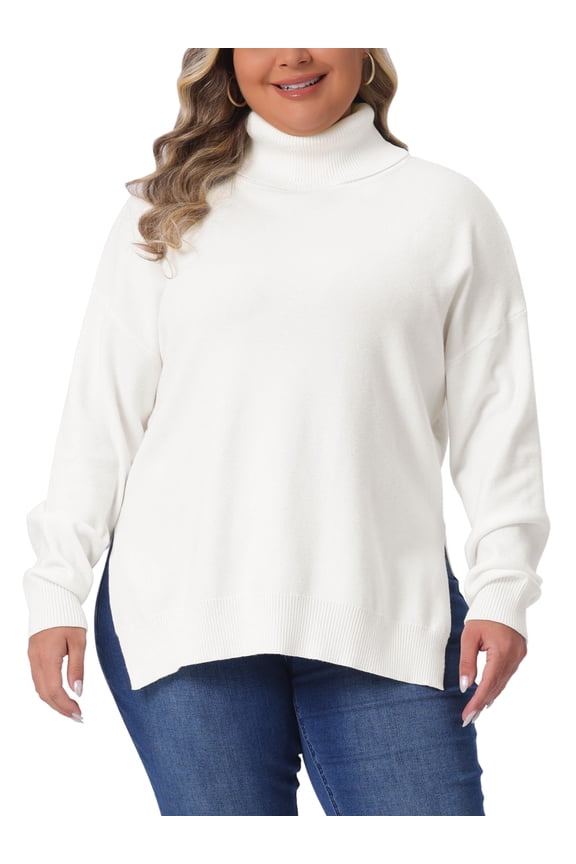 Women's Plus Size Sweaters Turtle Neck Long Sleeve Side Slit Casual Loose Pullover Knit Top 1X White