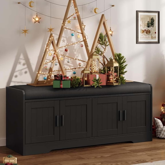 CuisinSmart 45" Entryway Storage Bench with 4 Doors, 2" Thick Cushioned Shoe Bench, Adjustable Shelf MDF Cabinet Bench for Hallway Bedroom Living Room