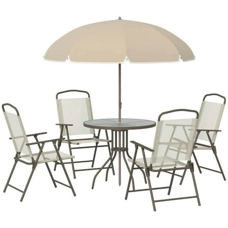 Demifill 6 Piece Patio Dining Set for 4 with Umbrella, Table and Chairs with 4 Folding Dining Chairs & Round Glass Table for Yard, Patio, Beige