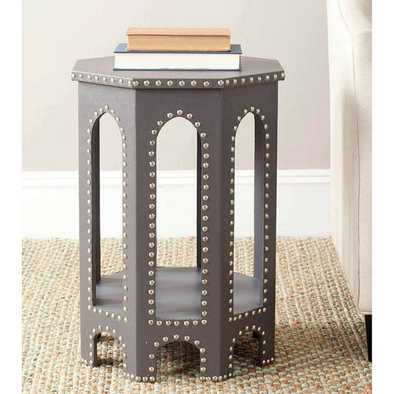SAFAVIEH Nara Bicast Leather End Table w/ Silver Nail Heads, Grey
