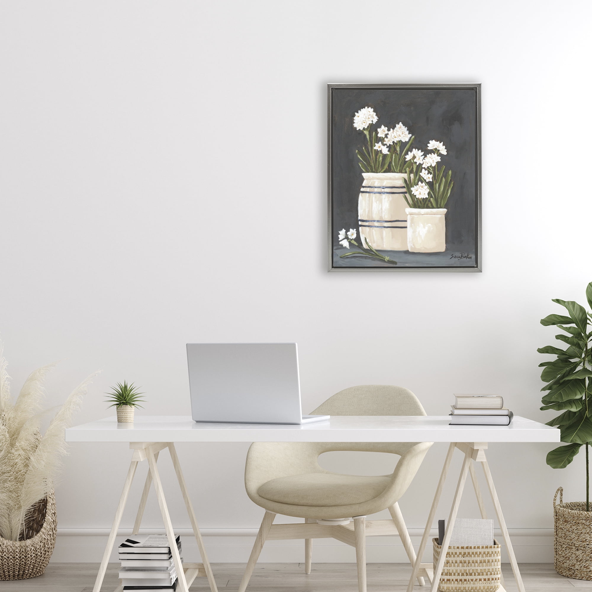 Stupell Industries Vintage Crocks & Paperwhites Gray Framed Floater Canvas Wall Art, design by Sara Baker