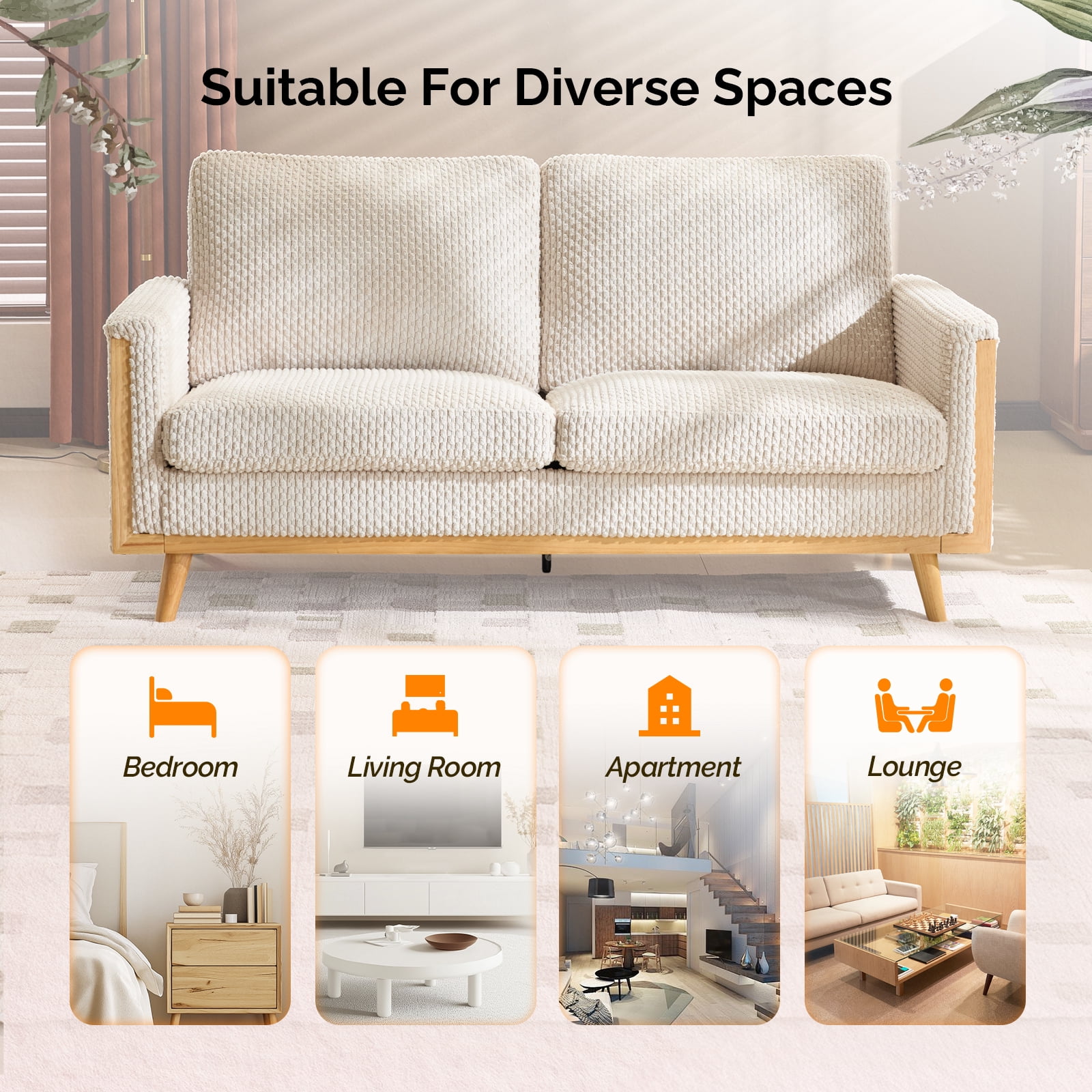 Ktaxon Corduroy Loveseat Sturdy Build, 2 Seater Sofa Solid Wood Frame, Living Room Couch Deep Seat for Small Space Apartment Home Beige