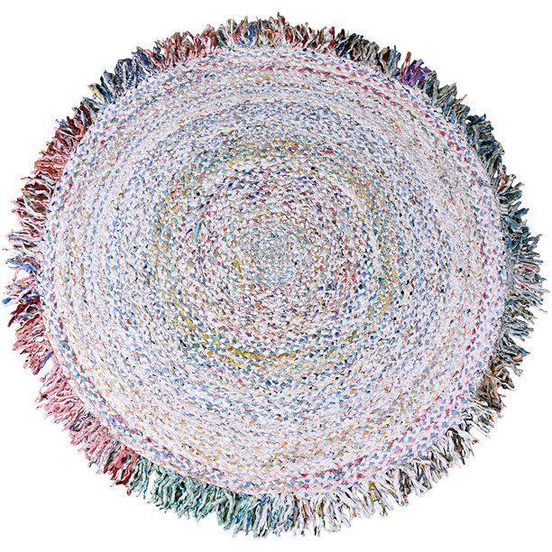 5 ft Multicolor Round Area Rug for Living Room Pastel Braided Nonslip Reversible Cotton Chindi
