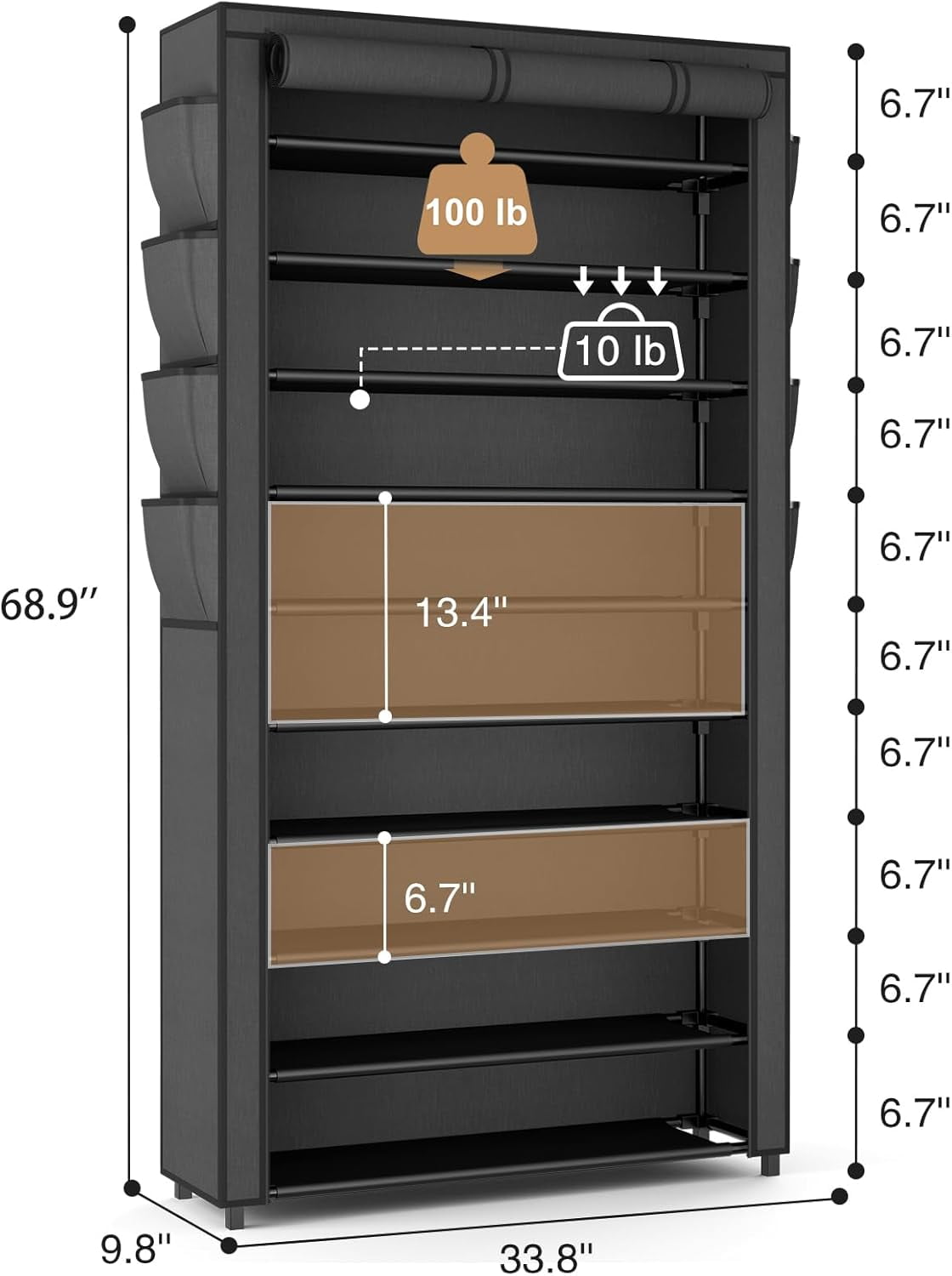 Tall Shoe Rack with Cover, 10 Tier Shoe Organizer Storage for 50-55 Pairs Shoes and Boots Large Capacity Shoe Shelf with 8 Pockets Free Standing Shoe Rack for Closet, Entryway, Garage