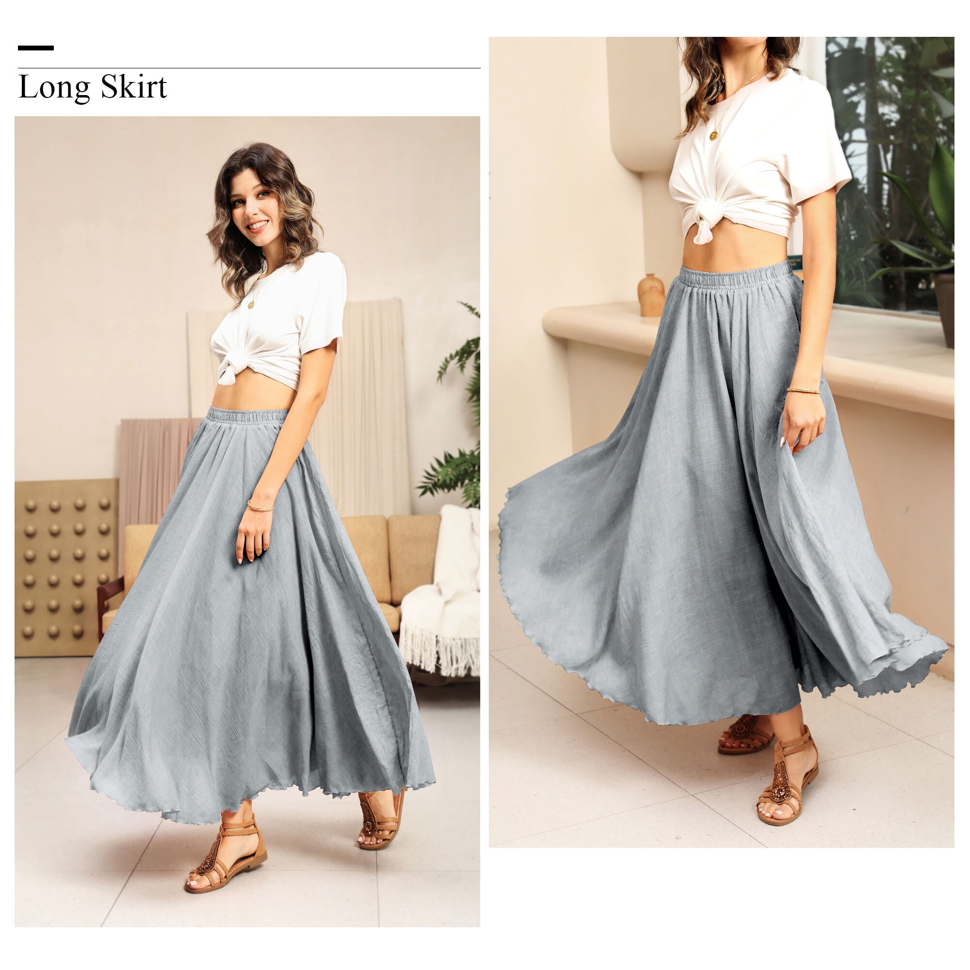 Nlife Women's Bohemian High Waist Flowy Double Layer Maxi Skirt 