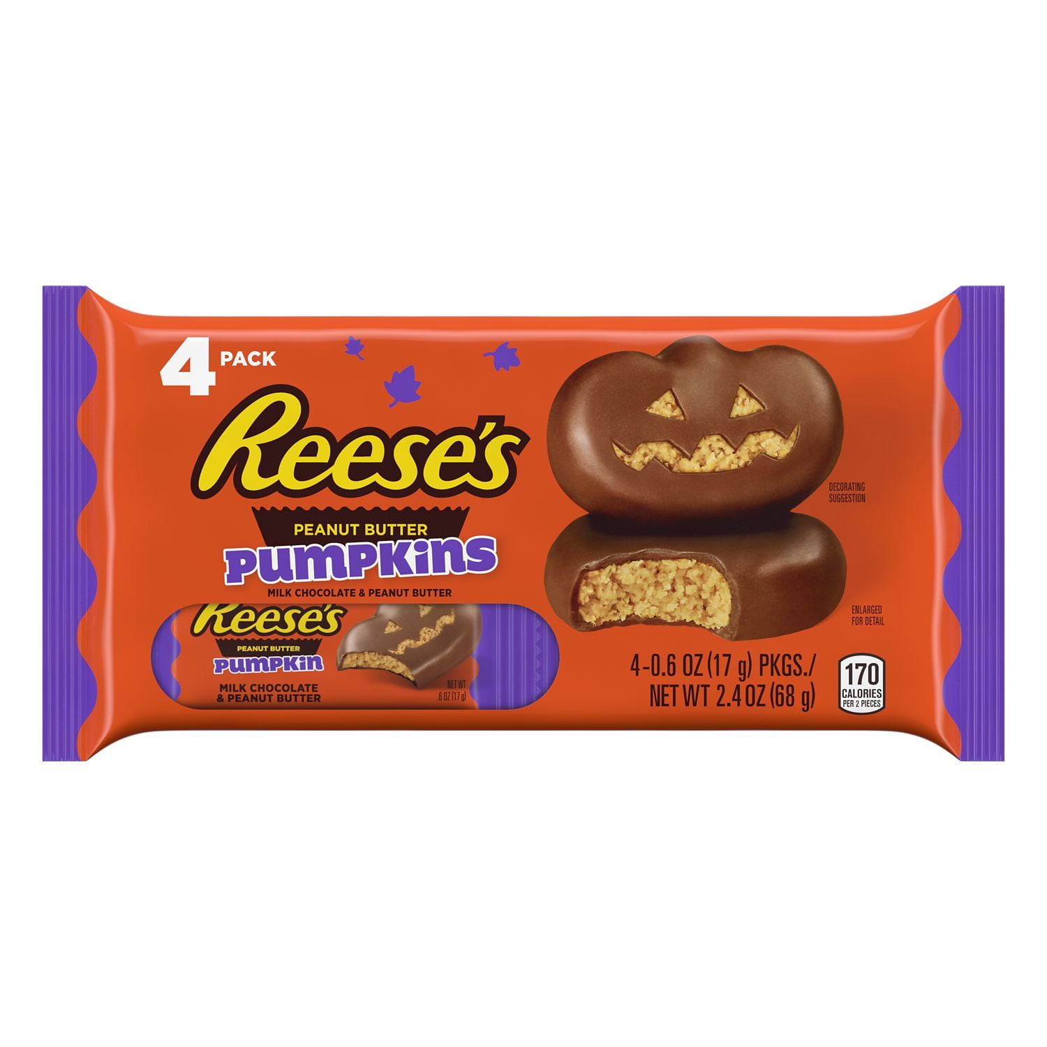 REESE'S, Milk Chocolate Peanut Butter Pumpkins Candy, Halloween, 0.6 oz, Packs (4 Count)