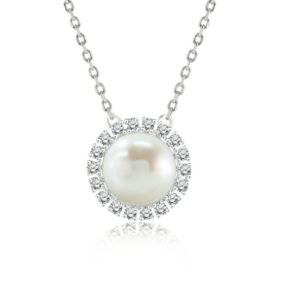 JeenMata Floating Moissanite Halo 8 mm White Pearl Necklace Pendant in 18K White Gold over Silver