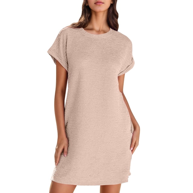 Lenpel Robe T-Shirt pour Femme, Couleur Unie, Manches Courtes, Col Ras du Cou, Robe Tunique, Été, Décontractée, Mini, avec Poches