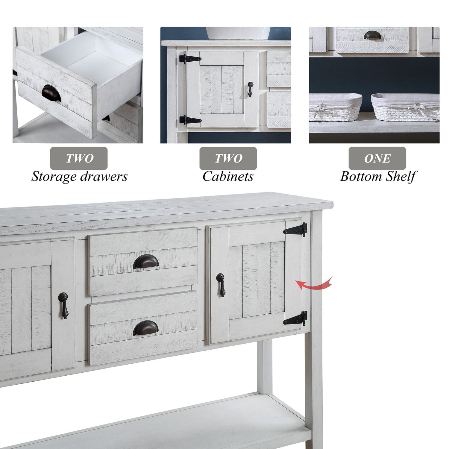 46.5" Solid Wood Sideboard Buffet Cabinet with 2 Drawers, 2 Doors and Bottom Shelf, Retro Console Table Storage Cabinet for Kitchen Dining Room Living Room, Antique White