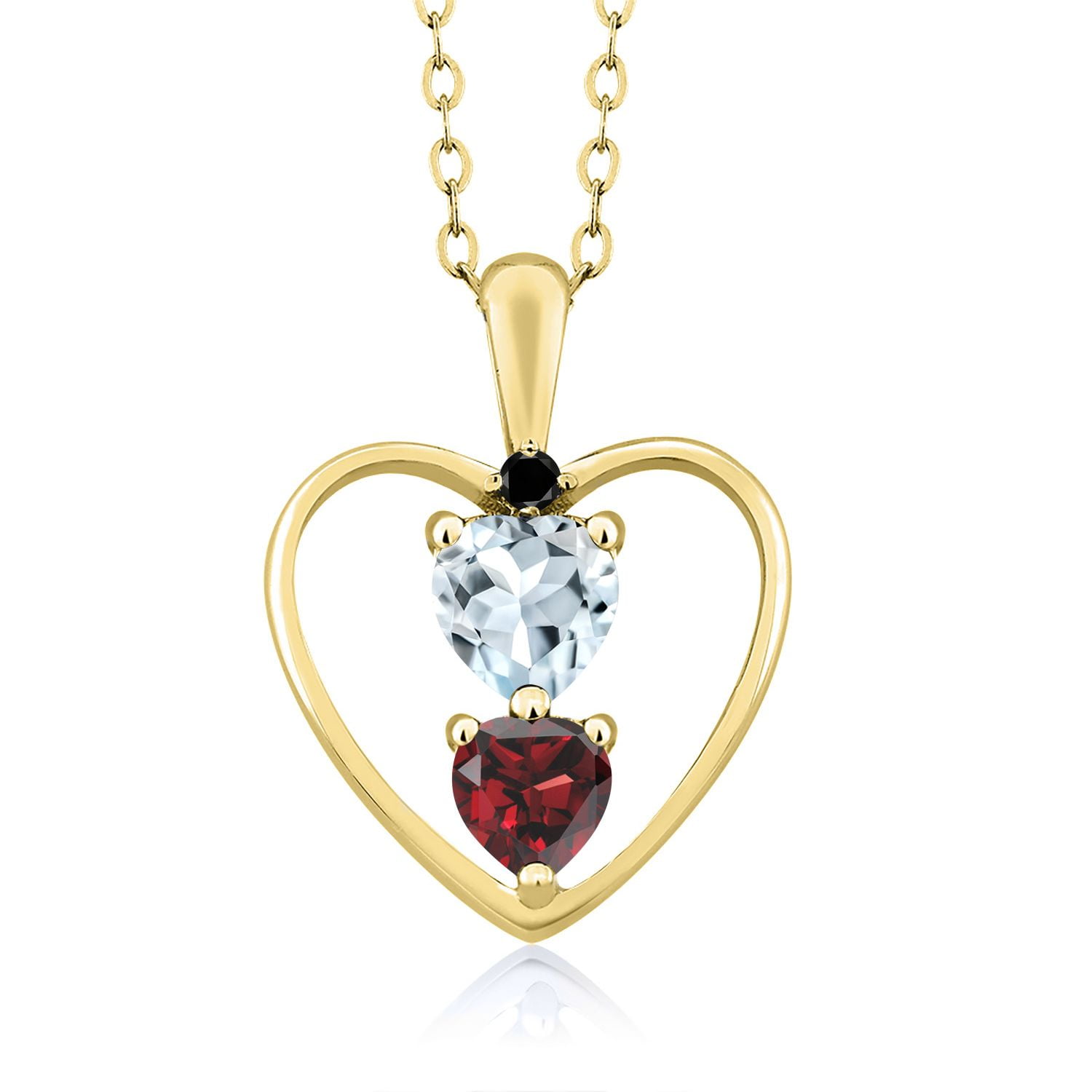 18K Yellow Gold Plated Silver Sky Blue Aquamarine Red Garnet and Black Diamond Pendant Necklace for Women (0.75 Cttw, Gemstone March Birthstone, Heart 5MM and 4MM, with 18 inch Silver Chain)
