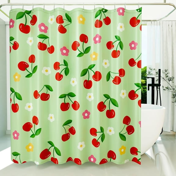 Green Cherry Shower Curtain with Cute Flowers Waterproof Fabric Bath Curtain for Bathroom 71x71 Inches