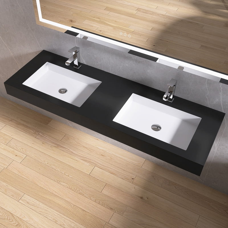 MEDUNJESS 59" Wall Mounted Double Basins Sink Solid Surface Rectangular Bathroom Sink with Faucet Hole，White interior, Black exterior