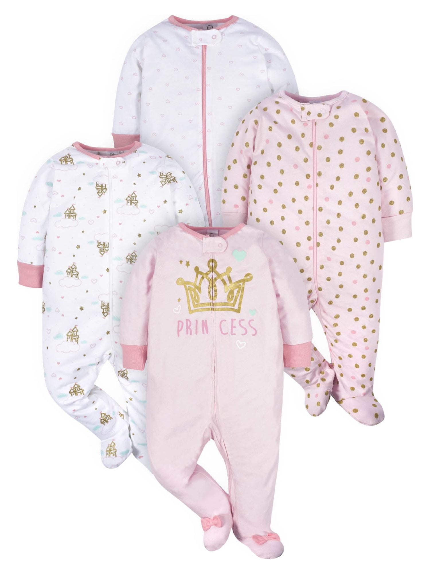 Gerber Baby Girl Sleep 'n Play Footed Pajamas, 4-Pack
