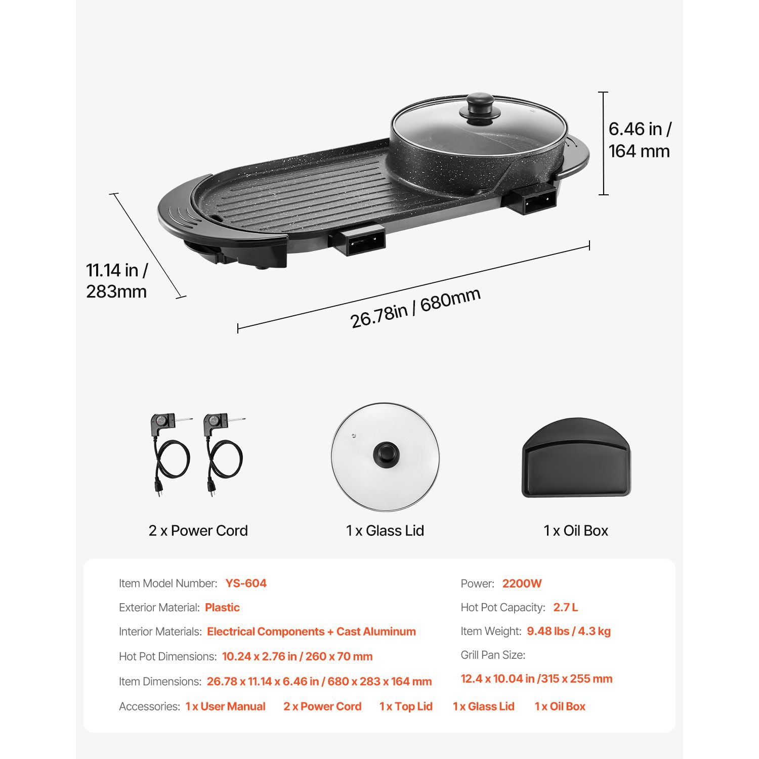 Hot Pot with Grill 2.7L, 2200W, Dual Zone Independent Temperature Control, Non-Stick, for Hot Pot Korean BBQ