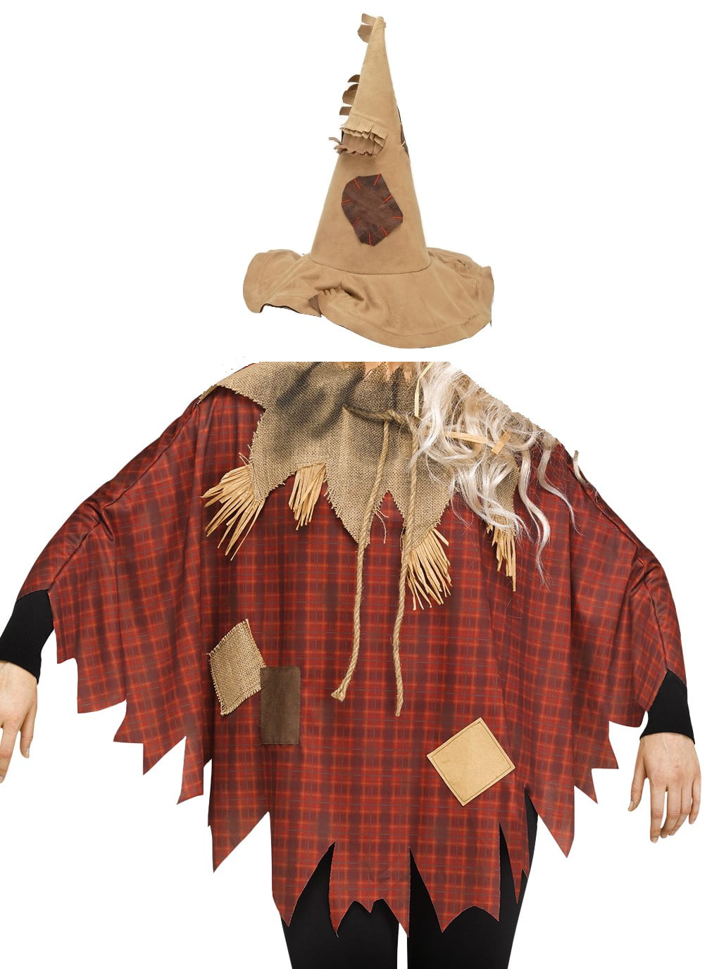 Womens Scary Scarecrow Hat And Poncho Costume Set, Multi, One Size
