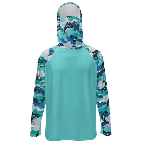 SEANATIVE Men's Long Sleeve Sun Protection Fishing Hoodie with Face Mask Breathable Lightweight Hooded Fishing Athletic Workout Shirt for Hiking Running, S, Fish Camo Light Teal Green