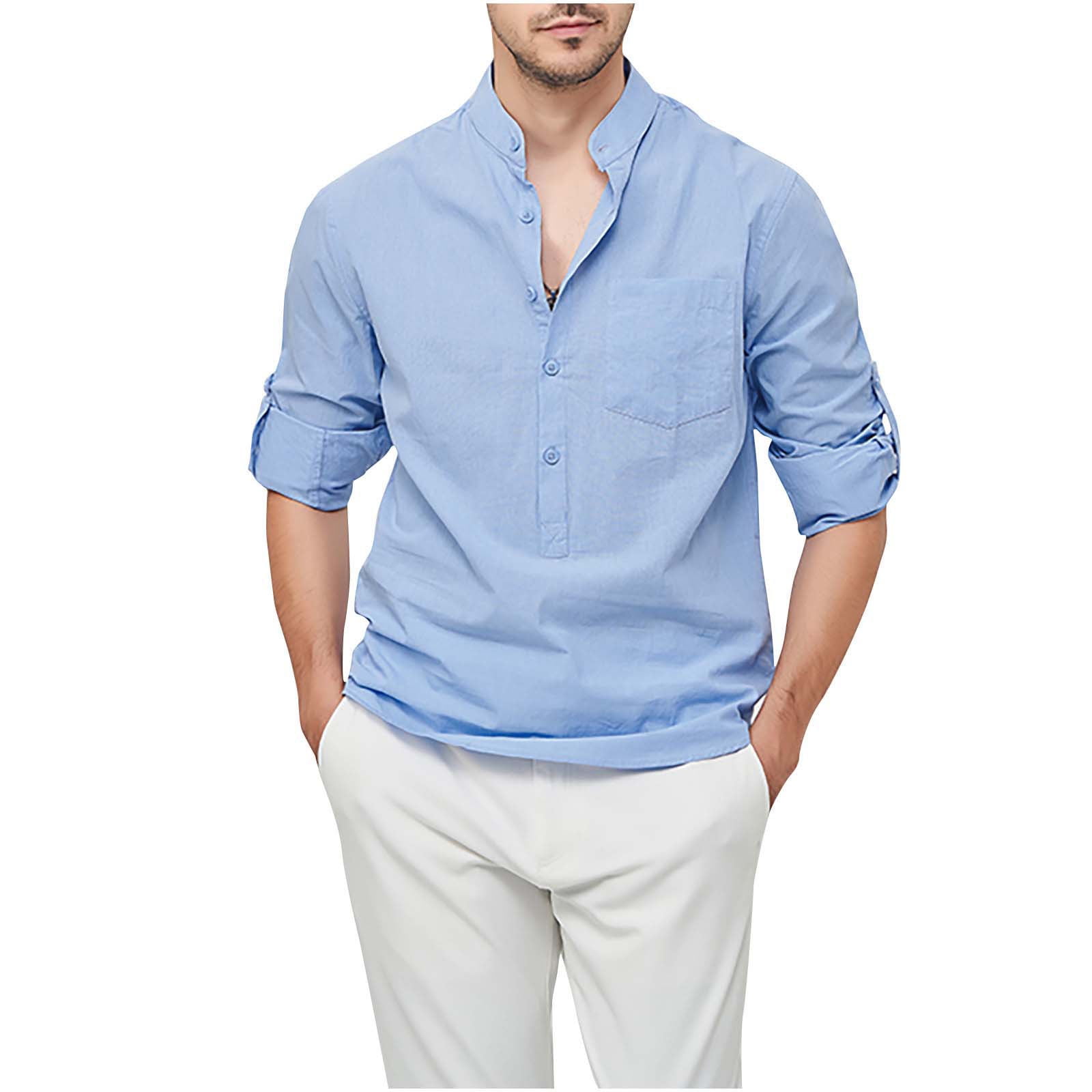 Mens Long Sleeve Shirt Men Casual Turndown Pullover Button Long Sleeve Casual Fashion Cotton like Linen Long Sleeve Shirts for Men