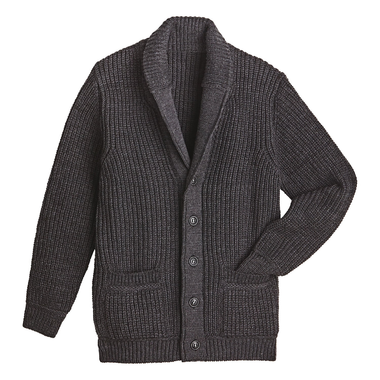 West End Two Tone Ribbed Wool Shawl Collar Cardigan Small, Charcoal