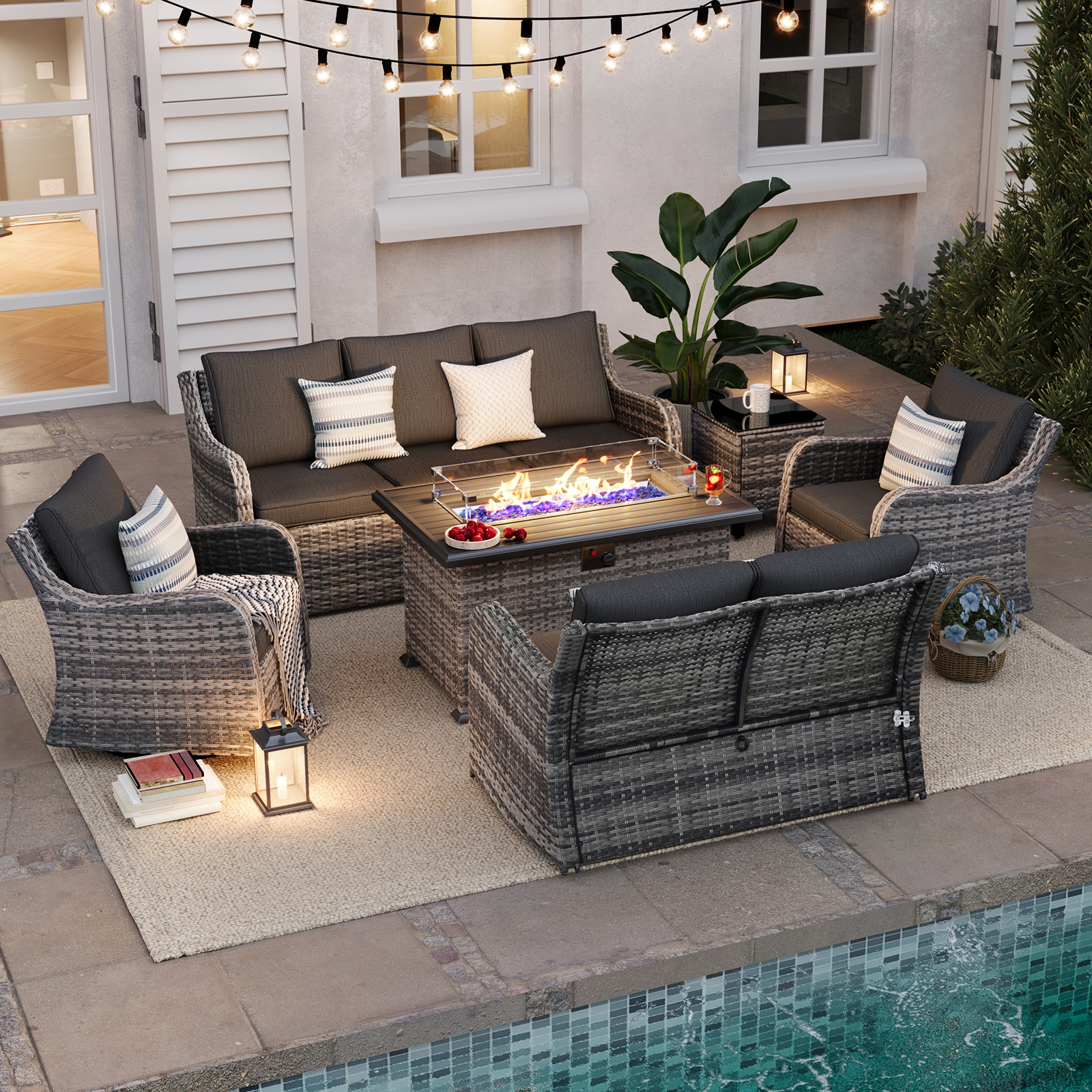 MEISSALIVVE 6 Pieces Patio Furniture Set with 43" Fire Pit Table, Wicker Patio Conversation Set with Swivel Rocking Chairs, Outdoor Patio Set for Lawn Backyard Porch (Grey)