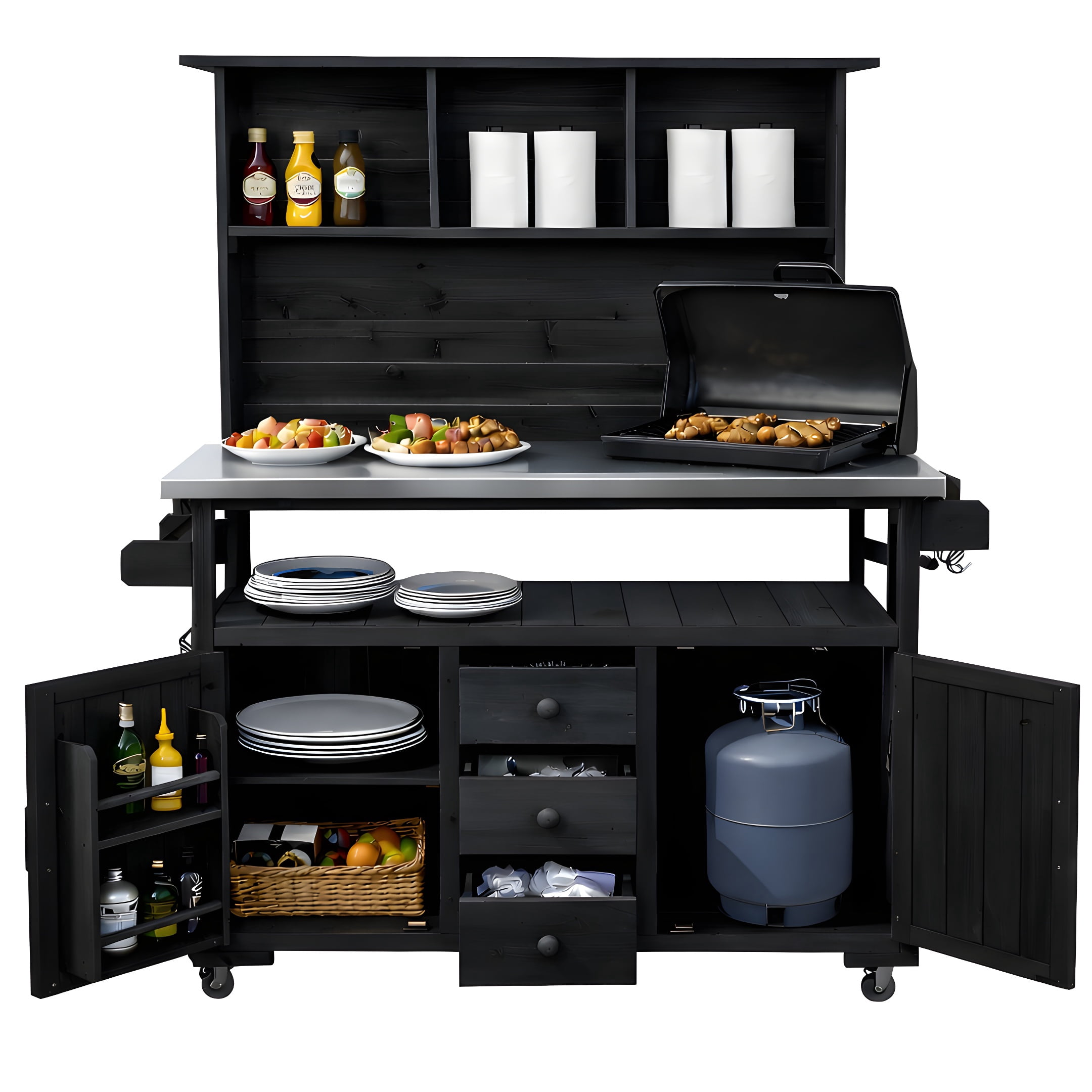 Mintazer Outdoor Storage Potting Bench with Stainless Steel Top, 65"H Wood Garden Potting Station with Lockable Wheels and Drawers & Side Hooks, Black